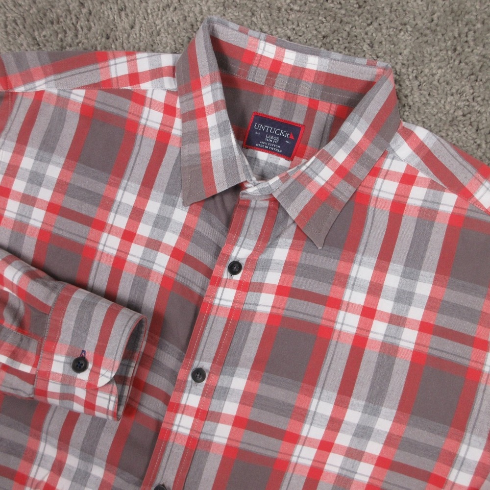 Untuckit Shirt Mens Large‎ Red Plaid Slim Fit Cotton Twill Outdoor Button Up EUC